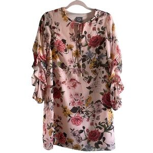 VINCE CAMUTO Floral Aline Dress With Sheer Gathered Long Sleeves Size 4